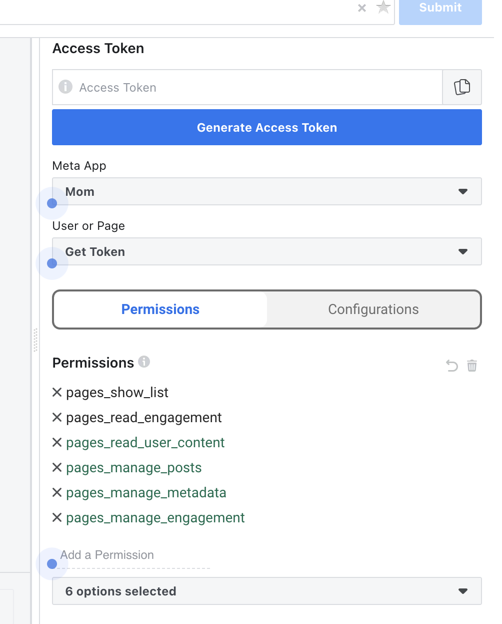 Select Page permissions in Graph API Explorer