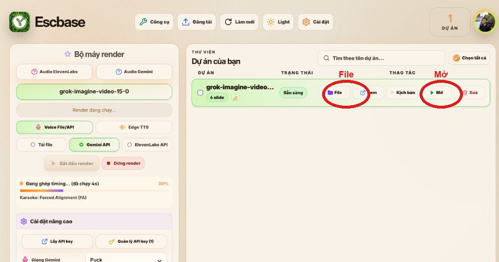 Escbase library with File and Mở buttons highlighted