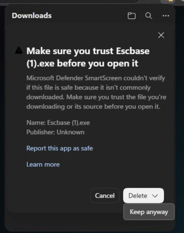 Microsoft Edge asks whether to trust Escbase
